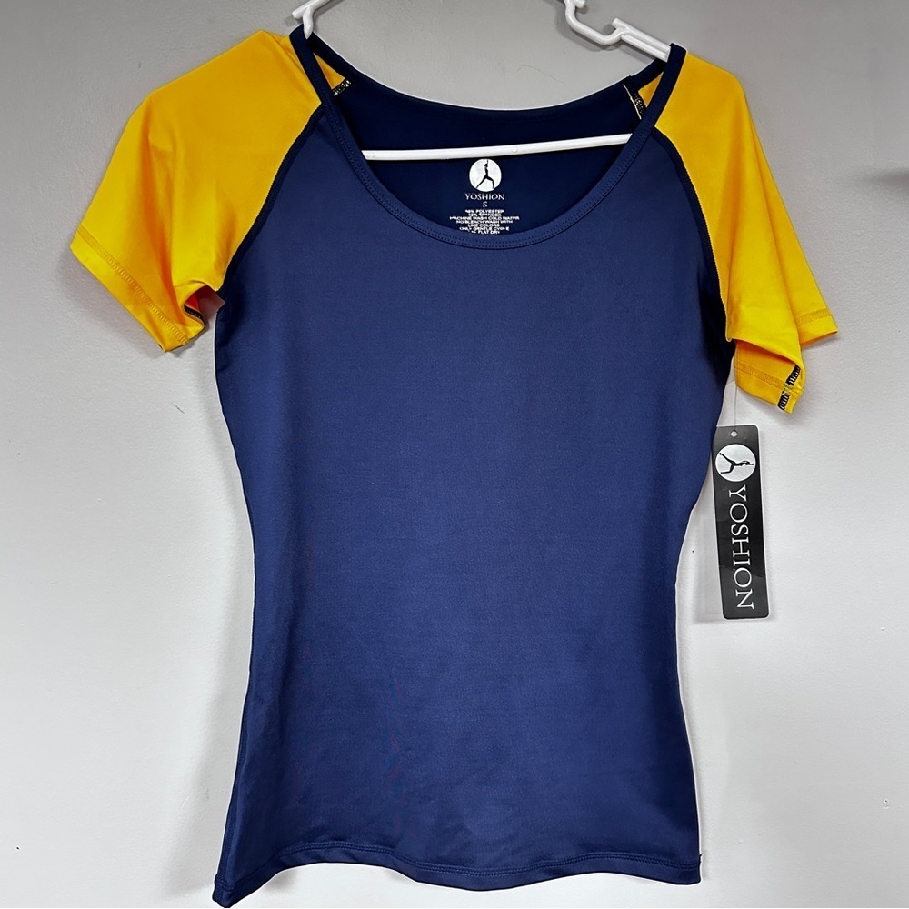 Yoshion Activewear Yoga Workout Navy & Yellow Tee Top, S NWT!